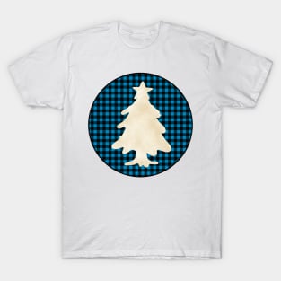 Christmas tree silhouette over a black and blue tile pattern T-Shirt